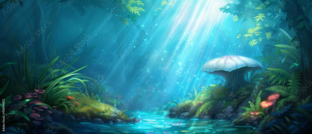A forest painting featuring a stream, a white umbrella, and sunlight filtering through the tree canopy A forest painting featuring a stream, a white umbrella, and sunlight filtering through the tree canopy