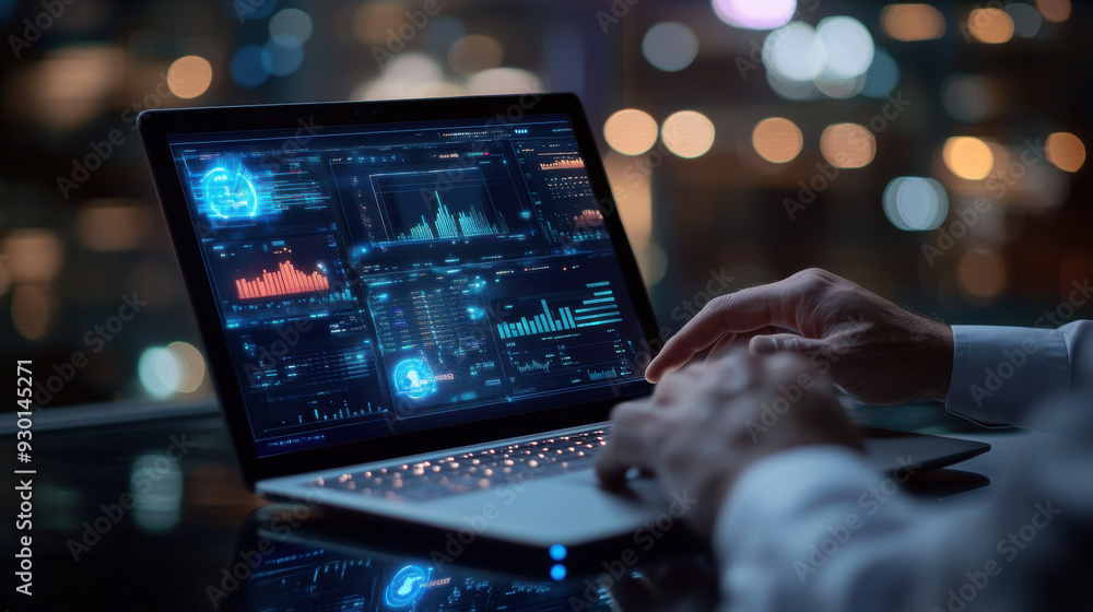 Productivity enhancement concept with a businessman using a laptop, virtual screen showing steps to increase industrial efficiency Productivity enhancement concept with a businessman using a laptop, virtual screen showing steps to increase industrial efficiency