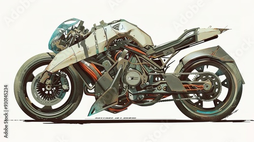 Futuristic motorcycle design with intricate details and a weathered look. photo