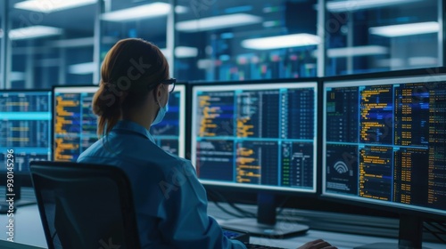 IT Professional Monitoring Multiple Screens in Data Center