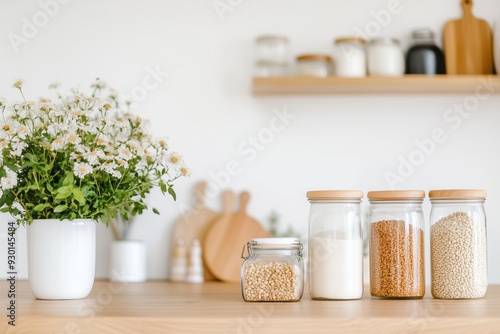 minimalist kitchen with glass jars of bulk foods, reusable containers, and a compost bin on the counter, emphasizing a zero-waste lifestyle photo