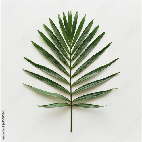 A high-resolution image featuring a single green palm leaf placed on a white background. The leaf is spread out symmetrically, showcasing its elongated, narrow fronds radiating from the central stem. 