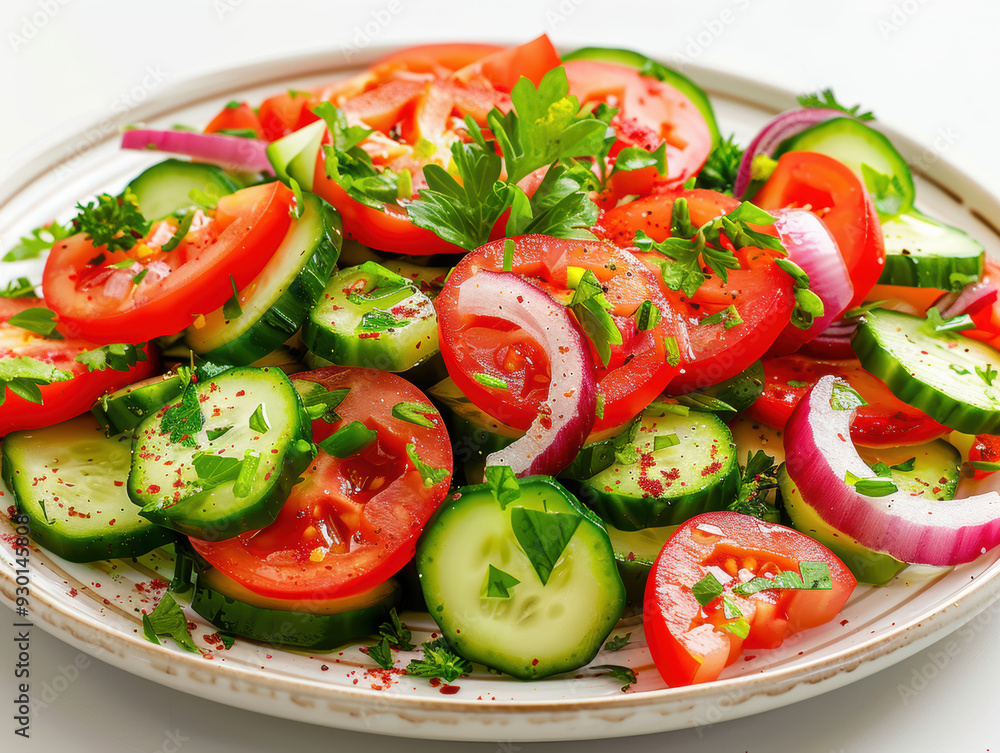 Summer colourful and full of vitamins vegetable salad . on a plate, close-up on a white background. AI generative. Summer colourful and full of vitamins vegetable salad . on a plate, close-up on a white background. AI generative.
