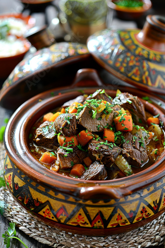 Tajine with beef and braised vegetables. Ai generative.