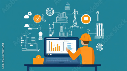 Professional increasing productivity using laptop software, virtual screen displaying industrial management and efficiency icons