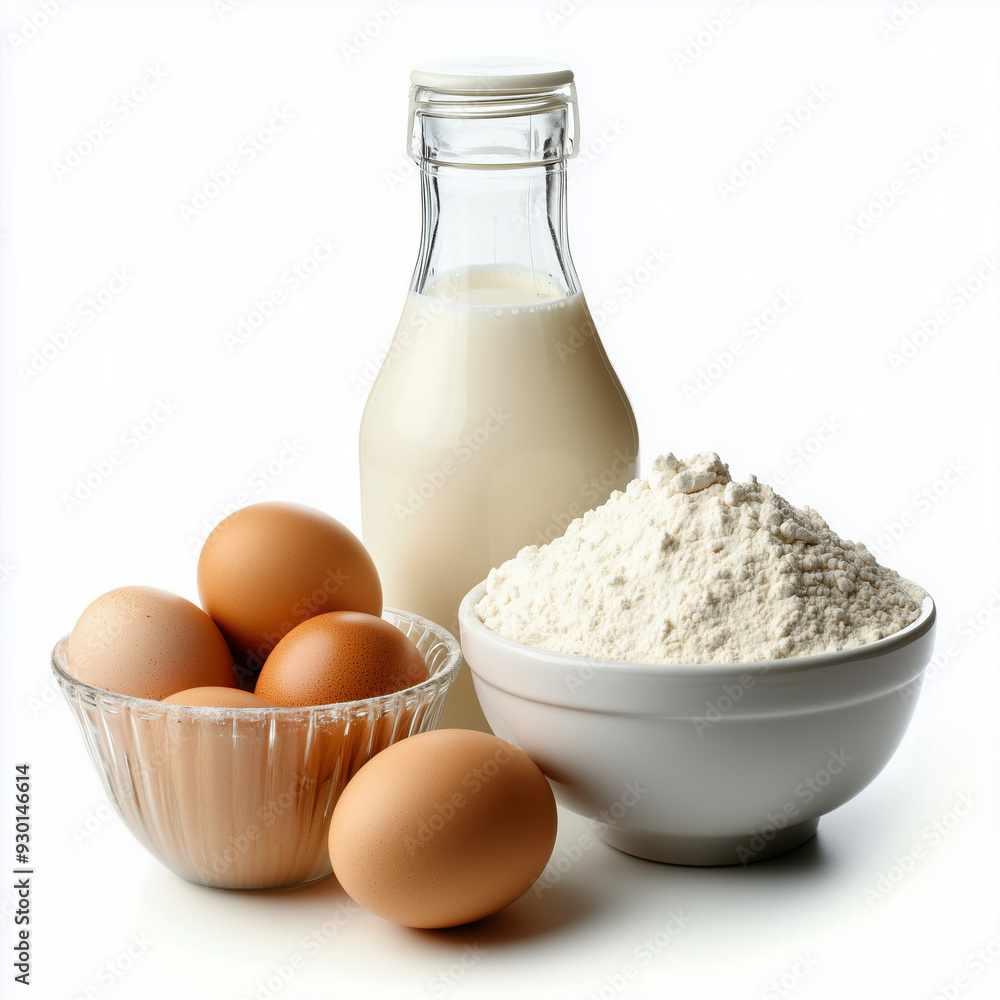 milk bottle with fresh eggs in mixing bowl and flour, white background milk bottle with fresh eggs in mixing bowl and flour, white background