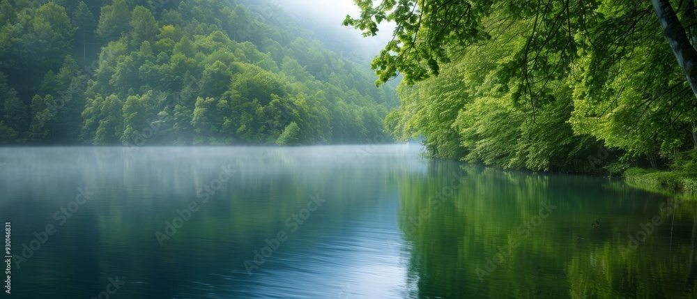 A forested clearing featuring a tree-bordered waterbody and fog-obscured skybackdrop A forested clearing featuring a tree-bordered waterbody and fog-obscured skybackdrop