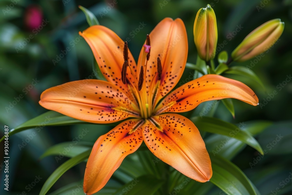 Fototapeta premium A close-up of a lily in full bloom, with its vibrant orange petals and dark spots standing out against green leaves