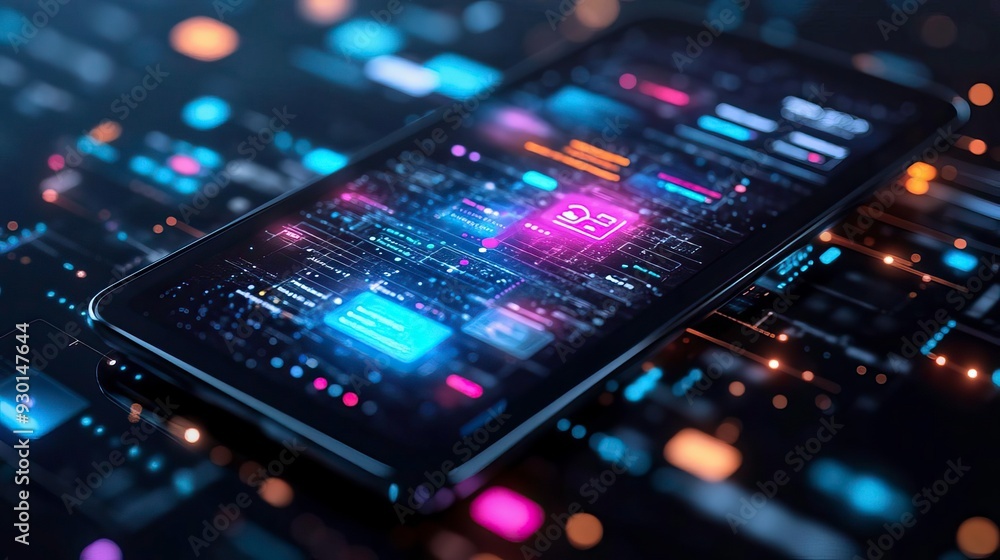 A modern smartphone displaying vibrant digital data on a futuristic interface, showcasing technology and innovation. A modern smartphone displaying vibrant digital data on a futuristic interface, showcasing technology and innovation.