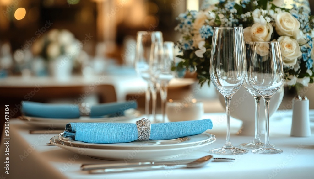 Elegant table setting waiting for guests at a wedding reception Elegant table setting waiting for guests at a wedding reception