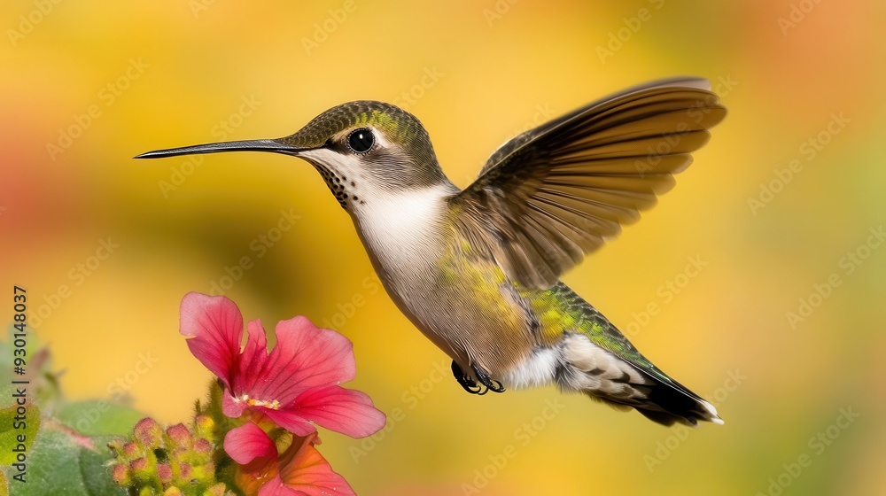 Tiny hummingbird hovering near a flower, detailed wings in motion, bright colors, watercolor style, soft edges Tiny hummingbird hovering near a flower, detailed wings in motion, bright colors, watercolor style, soft edges