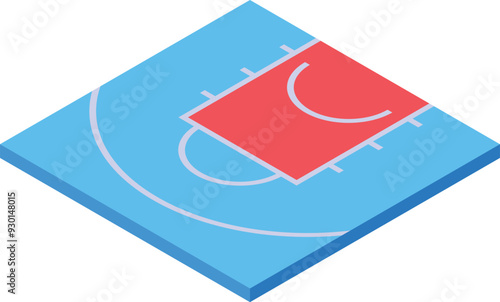 Isometric view of a basketball court, showing the three point line and the key