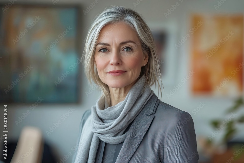 Confident woman in a stylish scarf, embodying grace and elegance in a modern office setting. Confident woman in a stylish scarf, embodying grace and elegance in a modern office setting.
