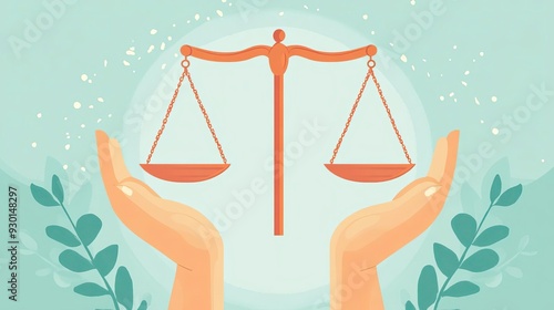 Illustration of hands holding a balanced scale symbolizing justice and fairness, set against a serene background.