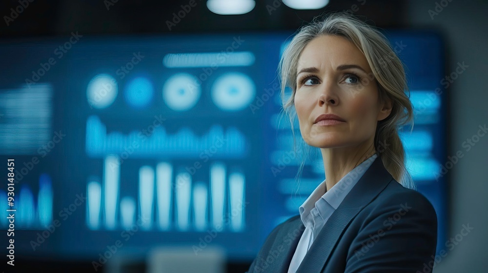 Professional woman analyzing data in a modern office setting, showcasing leadership and insight through technology and charts.