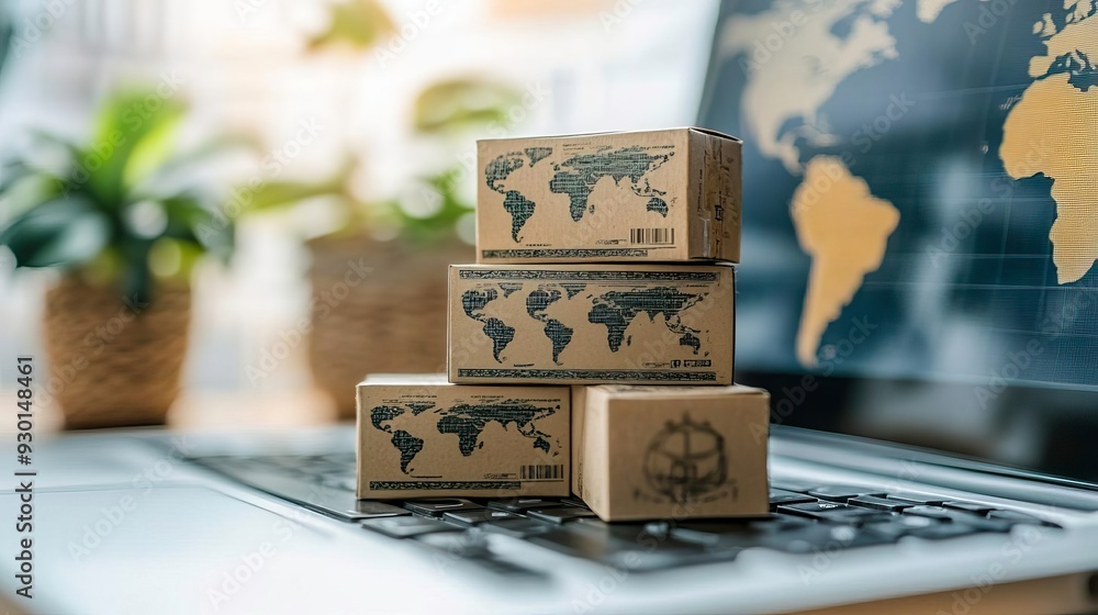 Obraz premium Stacked boxes with world maps sit on a laptop keyboard, symbolizing global shipping and logistics in a modern workspace.