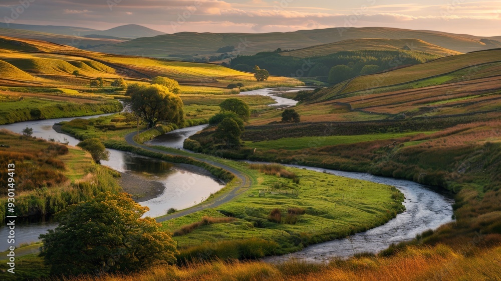 Fototapeta premium Winding River Through Rolling Hills.