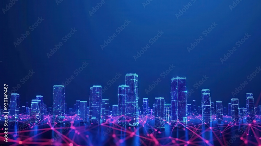 Fototapeta premium Digital Cityscape with Network Connectivity Grid