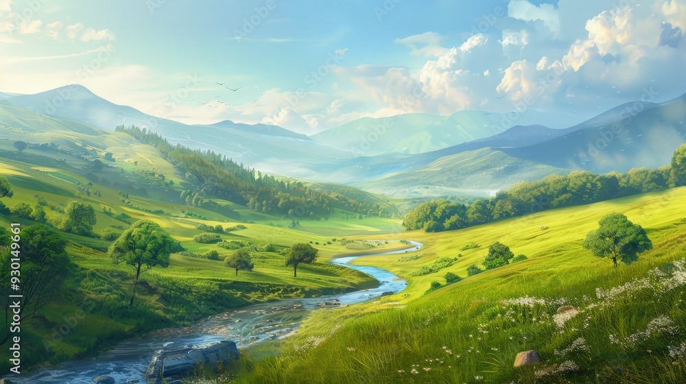 Serene River Valley with Rolling Hills and Lush Grassland. Serene River Valley with Rolling Hills and Lush Grassland.