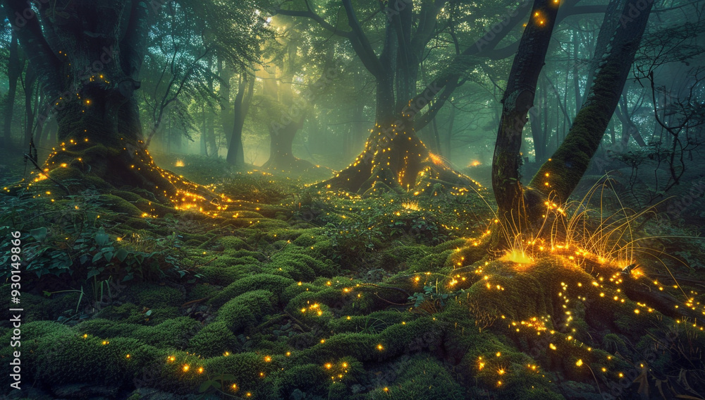 A mystical forest where the ground is covered in glowing moss A mystical forest where the ground is covered in glowing moss