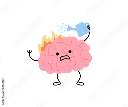 Brain with fire, selfhelp extinguish fire with water using watering can, cute character. Intense brain activity from overwork, tension, multitasking. Salvation and care. Vector