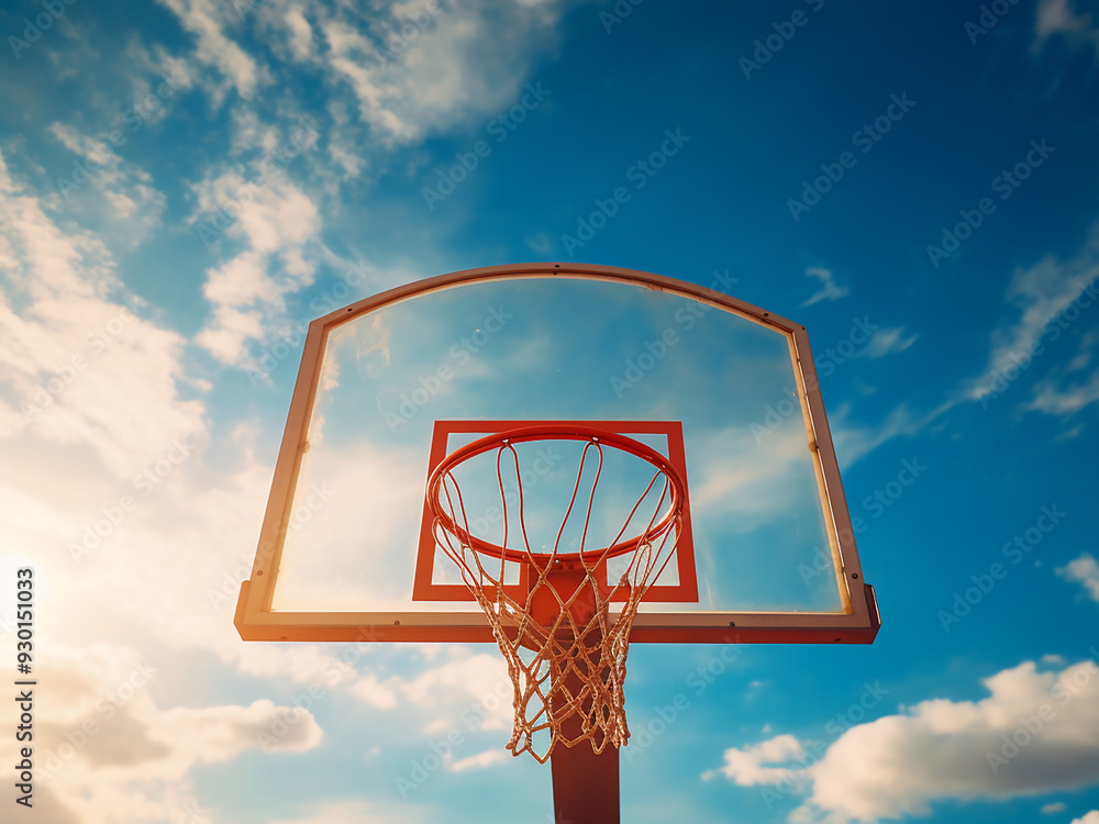 A perspective shot of a basketball hoop from below