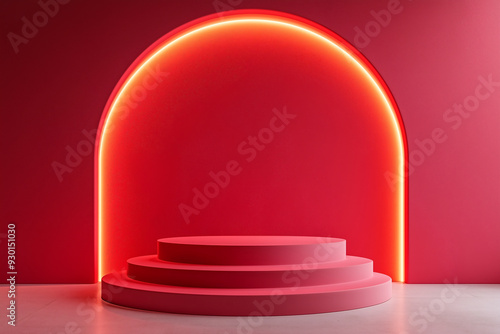 Fototapeta Naklejka Na Ścianę i Meble -  Sleek Red 3D Podium in Minimalist Studio Setting
