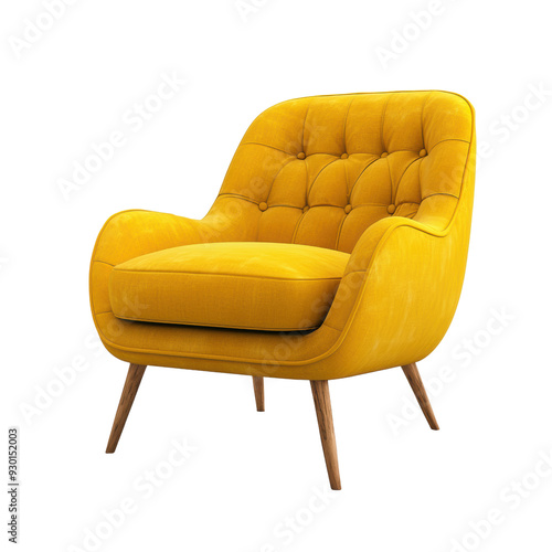 A yellow chair with a wooden frame and a cushion