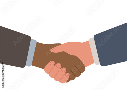 Handshake black and Caucasian people, business help and success in partnership. Helping hand. Hand shake team together. Men communication, business agreement, meeting. Contract, peace. Vector flat