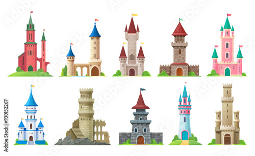 Cartoon castle, kingdom palace and fairytale fortress set with towers and flags. Vector buildings of fairy tale princess palace, king castle and knight fortress or citadel with color stone walls