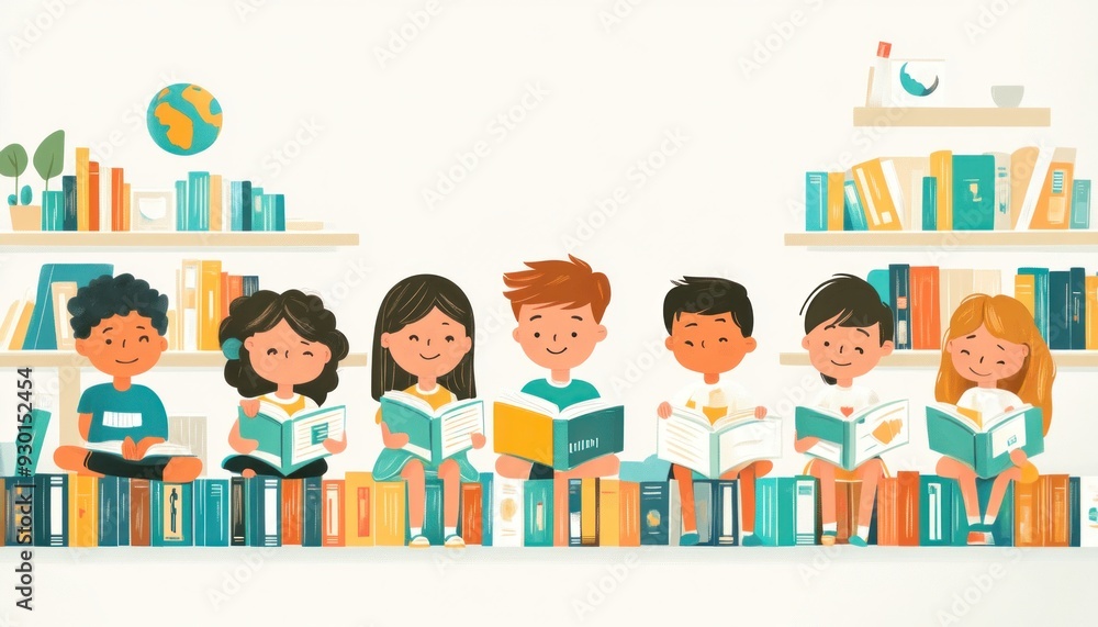 Diverse group of elementary students reading books in classroom Diverse group of elementary students reading books in classroom