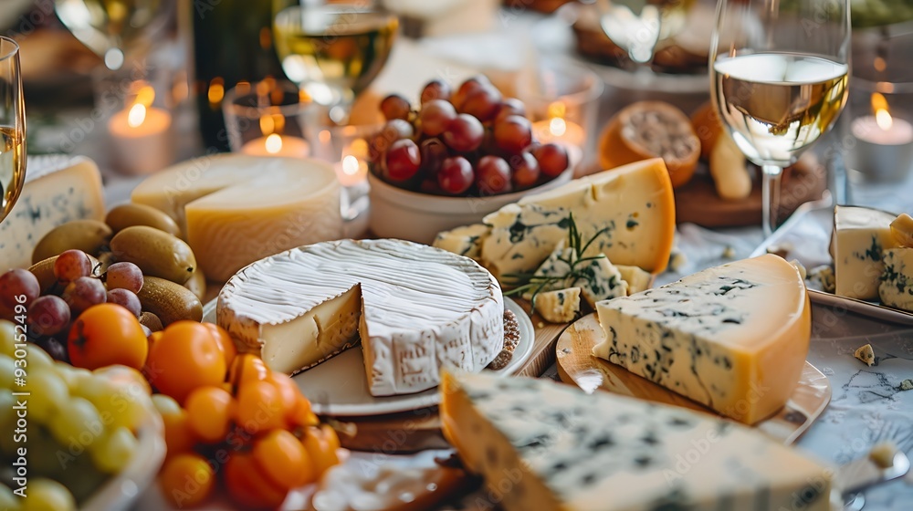 Elegant Cheese Plate Centerpiece Adorns Cozy Dinner Party Table Setting Elegant Cheese Plate Centerpiece Adorns Cozy Dinner Party Table Setting