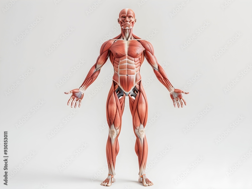 Detailed anatomical model of a human figure showcasing muscles and skeletal structure in a neutral background