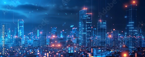 Futuristic Wireless Smart City Network Cityscape with Tech Inspired Plexus Background