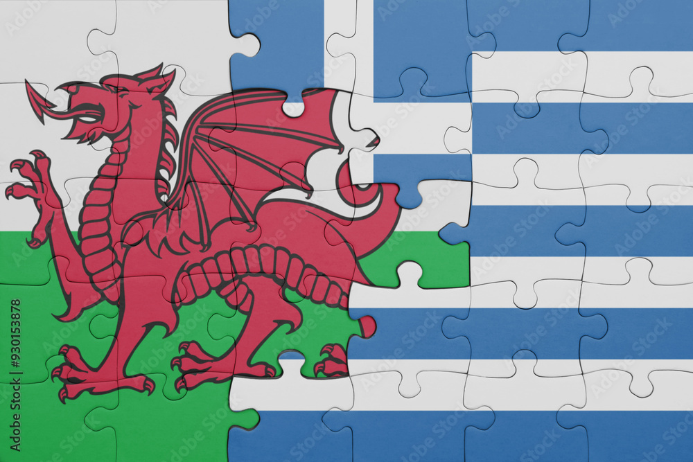 puzzle with the colourful national flag of greece and flag of wales . puzzle with the colourful national flag of greece and flag of wales .