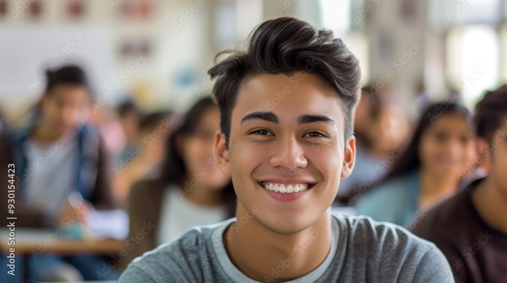 A happy college student smiles while engaged in a lecture, surrounded by fellow classmates in a lively classroom atmosphere A happy college student smiles while engaged in a lecture, surrounded by fellow classmates in a lively classroom atmosphere