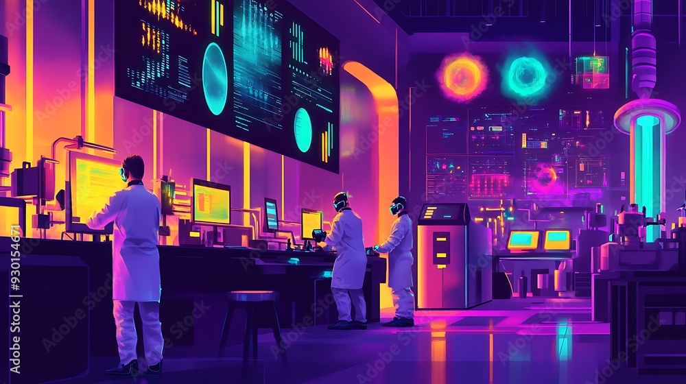 Scientists Working in a Futuristic Laboratory with Neon Lights. Scientists Working in a Futuristic Laboratory with Neon Lights.