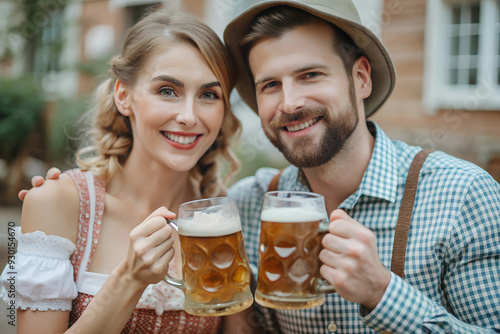 Full lenght portrait of friendly man and woman wearing folk festival outfits with Bavarian beer glasses. Concept of alcohol, traditions, holidays, festival. photo