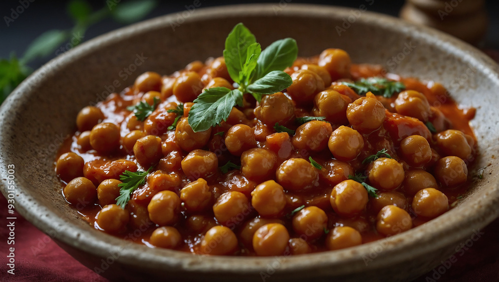 A bowl of chickpeas in a red sauce, with some cilantro on top.

