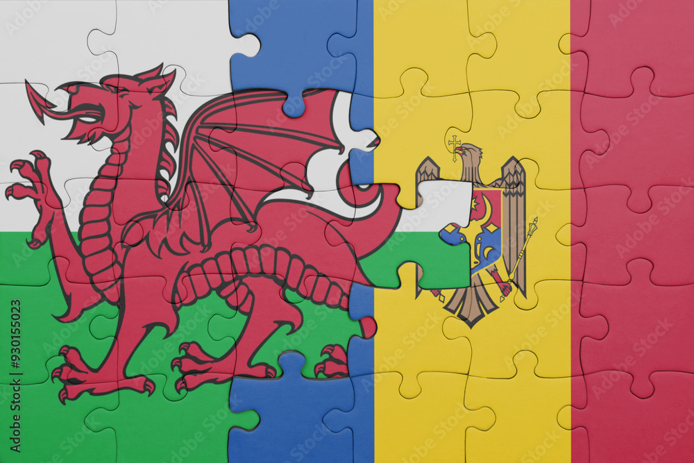 puzzle with the colourful national flag of moldova and flag of wales . puzzle with the colourful national flag of moldova and flag of wales .