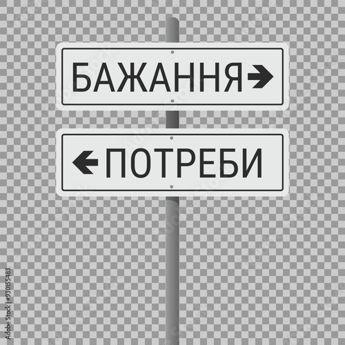 Road intersection sign representing concept of choosing between desires and necessities with captions in ukrainian language. Vector illustration on grid background