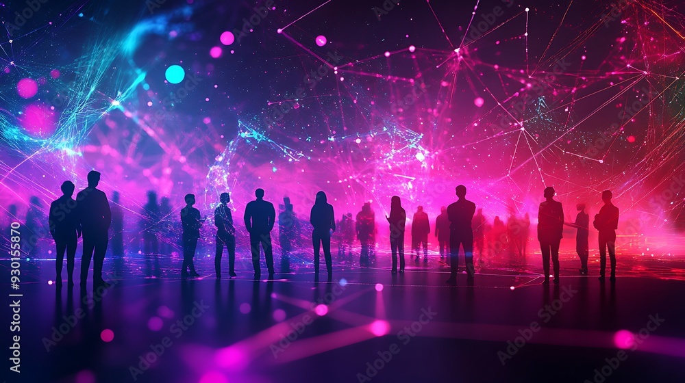 Silhouettes of people in a digital world, futuristic design, neon lights. Silhouettes of people in a digital world, futuristic design, neon lights.
