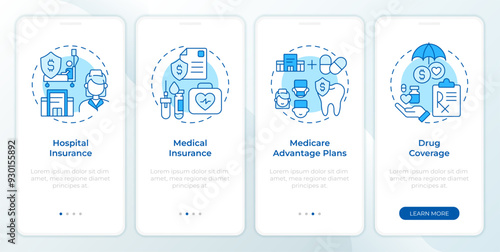 Government health insurance blue onboarding mobile app screen. Walkthrough 4 steps editable graphic instructions with linear concepts. UI, UX, GUI template. Montserrat SemiBold, Regular fonts used