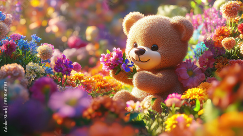 Sweet 3D cartoon teddy bear picking flowers in a colorful and lively garden