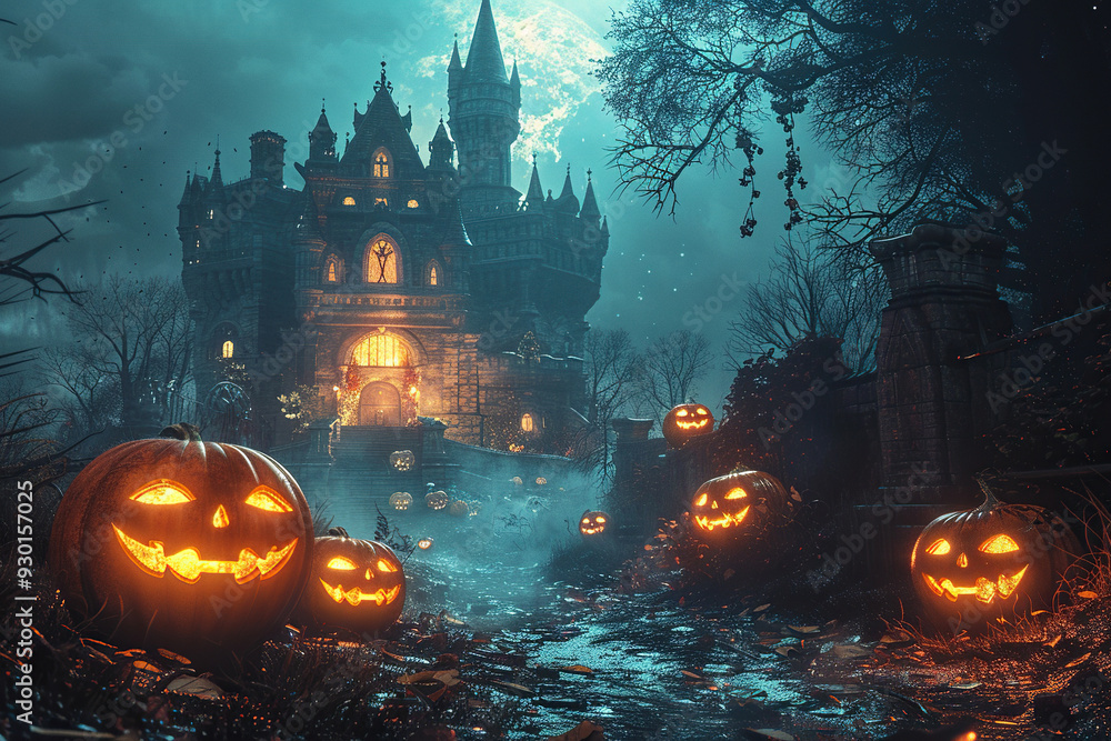 Dark castle with ominous pumpkins on the road in the light of the full moon. Halloween concept. Generated by artificial intelligence Dark castle with ominous pumpkins on the road in the light of the full moon. Halloween concept. Generated by artificial intelligence