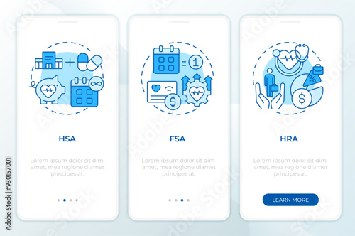 Types of health accounts blue onboarding mobile app screen. Walkthrough 3 steps editable graphic instructions with linear concepts. UI, UX, GUI template. Montserrat SemiBold, Regular fonts used