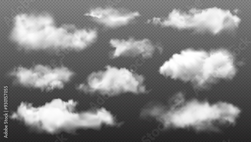 Set of realistic white transparent cloud, nature sky, fire smoke, fog and weather symbol with overlay texture isolated on black background. Food smoke silhouette, summer cloud pattern, cyberspace art.
