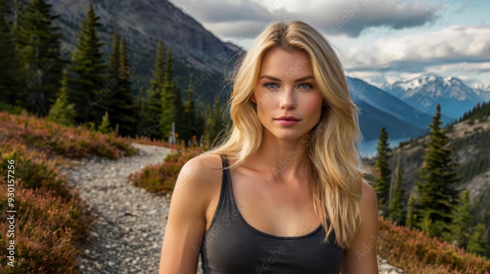 Canadian blonde supermodel on scenic mountain path Canadian blonde supermodel on scenic mountain path