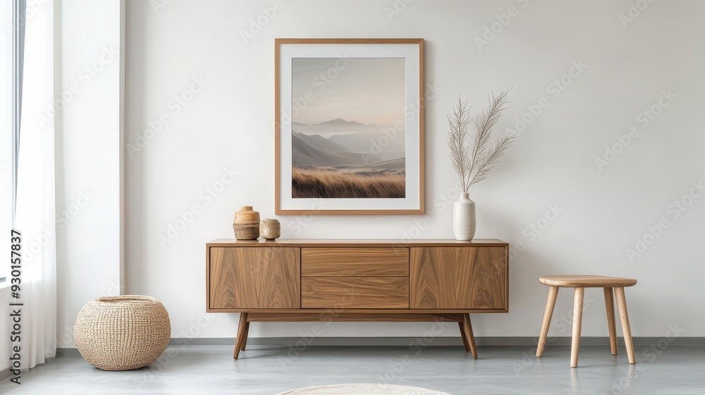 Mid-century modern living room with sleek walnut sideboard and minimalist decor Mid-century modern living room with sleek walnut sideboard and minimalist decor