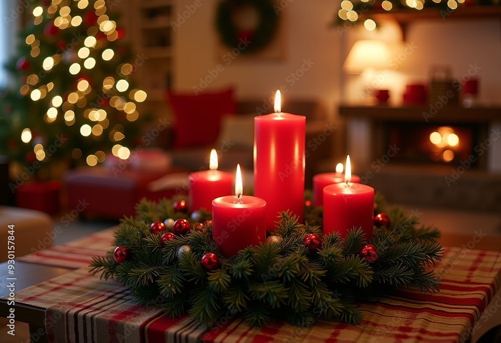 Warm and inviting Christmas living room with advent wreath, red candles, and festive table centerpiece. Warm and inviting Christmas living room with advent wreath, red candles, and festive table centerpiece.